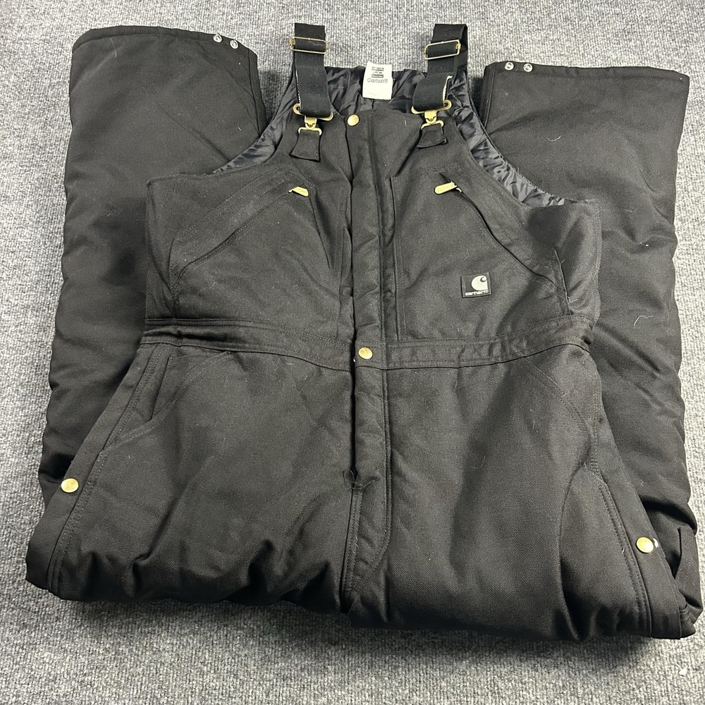 Carhartt Overalls Mens 38x32 Black Duck Canvas Quilt Lined Workwear Bib R33
